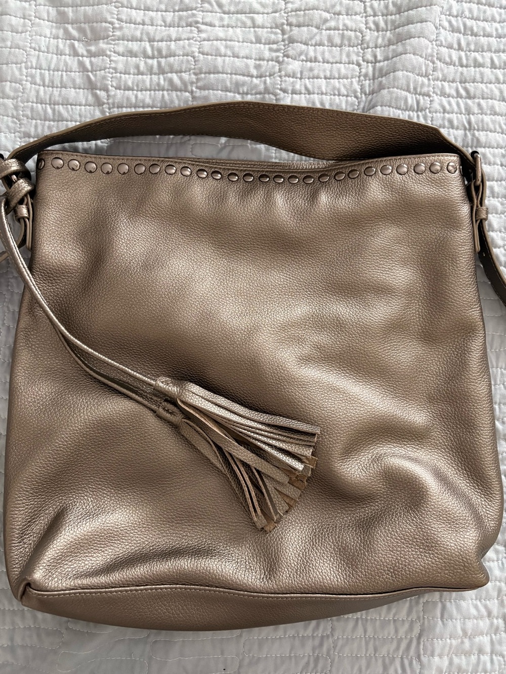 Laggo Tassel Hobo Shoulder Bag in Metallic Taupe
